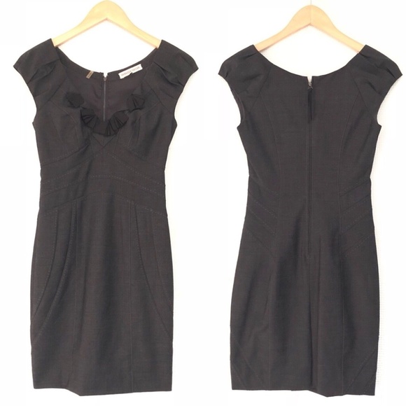 Rebecca Taylor Dark Gray Sheath with Black Ruffle V-Neck, Size 4 - Picture 1 of 7